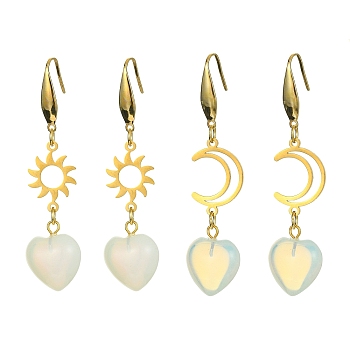 2 Pair 2 Style Opalite Heart Dangle Earrings, Moon & Sun Alloy Long Drop Earrings with 316 Surgical Stainless Steel Pins, Golden, 60~62.5x15mm, 1 Pair/style
