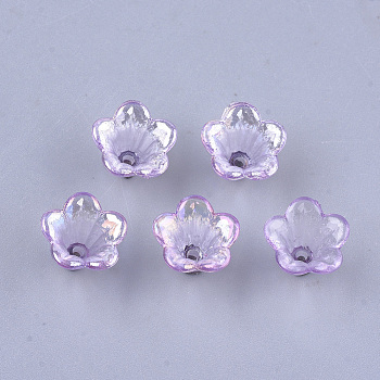 Transparent Acrylic Bead Caps, Trumpet Flower Beads, AB Color, 5-Petal, Flower, Violet, 10x14x13.5mm, Hole: 1.6mm, about 1370pcs/500g