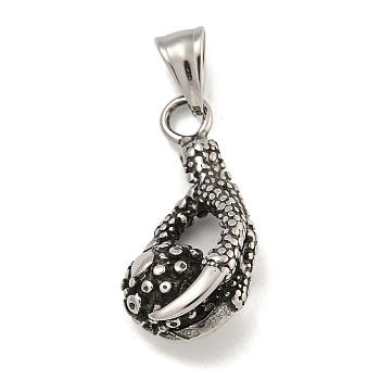 316 Surgical Stainless Steel Pendants, Claw Charm, Antique Silver, 31.8x11.6x14.5mm, Hole: 8.2x5mm