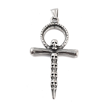 Retro 304 Stainless Steel Big Pendants, Ankh Cross with Skull Charm, Antique Silver, 76.5x41.5x7.5mm, Hole: 4x7mm