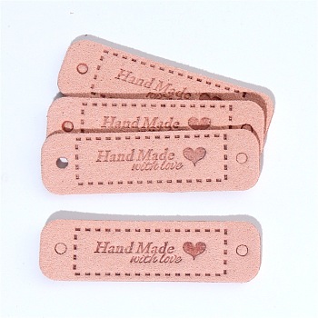 Microfiber Leather Labels, Handmade Embossed Tag, with Holes, for DIY Jeans, Bags, Shoes, Hat Accessories, Rectangle with Word Handmade, Light Salmon, 15x55mm