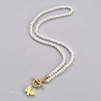 304 Stainless Steel Pendant Necklaces, with Acrylic Imitation Pearl Round Beads and Rhinestone, Butterfly, White, Golden, 18.03 inch(45.8cm)