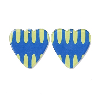 Transparent Printed Acrylic Pendants, Heart with Oval Pattern, Blue, 40x40x3mm, Hole: 1.8mm