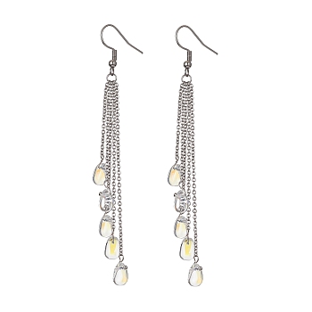 304 Stainless Steel Chains Tassel Earrings, Glass Teardrop Dangle Earrings, Stainless Steel Color, 100mm