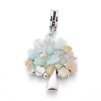 Alloy European Dangle Charms, with Natural Amazonite Chips, Tree, Antique Silver, 40mm, Hole: 4.5mm, 28x24x4~5mm