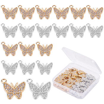 60Pcs 2 Colors  Alloy Pendants, with Crystal Rhinestone, Cadmium Free & Lead Free, Butterfly, Platinum & Light Gold, 19.5x16.5x2.5mm, Hole: 1.6mm, 30pcs/color