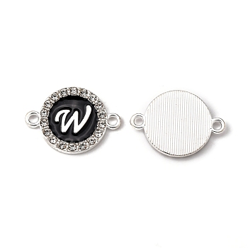 Alloy Enamel Links Connectors, with Crystal Rhinestones, Flat Round with Letter, Silver Color Plated, Letter.W, 22x16x2mm, Hole: 1.8mm