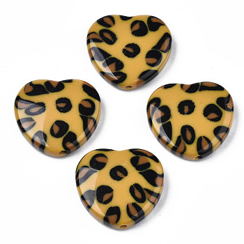 Two Tone Acrylic Beads, with Leopard Pattern, Imitation Gemstone, Heart, Goldenrod, 30x32x7.5mm, Hole: 3mm