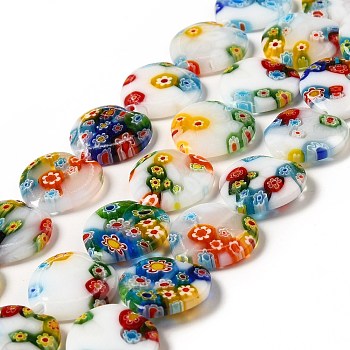 Handmade Millefiori Glass Beads Strands, Mother's Day Gift Beads, White Porcelain, Heart, White, Colorful, 20x20x6mm, Hole: 1mm, about 19pcs/strand, 15 inch