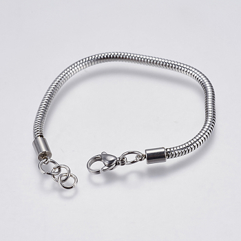 304 Stainless Steel Round Snake Chain Bracelet Making, with Lobster Claw Clasps, Stainless Steel Color, 6-1/2 inch(16.5cm), 3mm, Hole: 4mm
