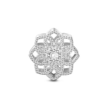 TINYSAND Rhodium Plated 925 Sterling Silver Lovely Glittering Daisy European Beads, with Cubic Zirconia, Platinum, Clear, 13.13x13.04x9.64mm, Hole: 4.57mm
