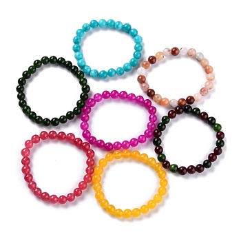Dyed Natural Jade Beads Stretch Bracelets, Round, Mixed Color, Inner Diameter: 2-1/4 inch(5.7cm), Bead: 8~8.5mm