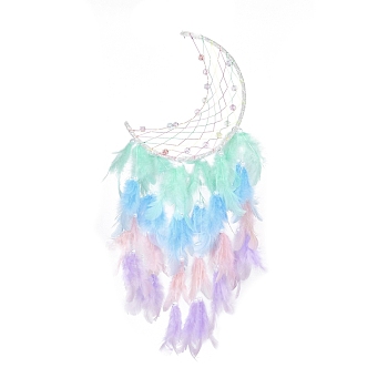 Iron Woven Web/Net with Feather Pendant Decorations, with Plastic Beads and Cloth, Moon, Colorful, 547mm