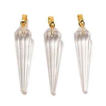 Natural Quartz Crystal Pointed Pendants, Faceted Cone Rock Crystal Charms with Golden Plated Barss Snap on Bails, 35~35.5x8~8.5mm, Hole: 6.5x4mm