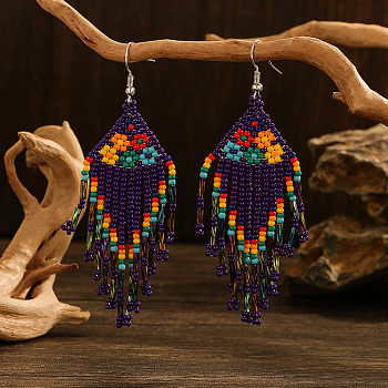 Bohemian Style Handmade Earrings with Glass Beads and Tassels, Flower, for Women, Multi Colours