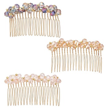 3Pcs 3 Colors Fashionable Glass & Brass Hair Combs, with Steel Wire, Hair Accessories for Women, Mixed Color, 43x79x15mm, 1pc/color