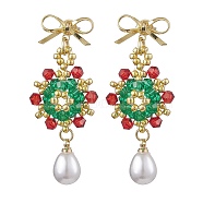 Brass Dangle Studs Earring, with Seed Glass and Plastic Pearl, For Christmas, Christmas Wreath, Mixed Color, 45x19mm(EJEW-MZ00194)