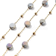 304 Stainless Steel Handmade Beaded Chain, with Electroplated Glass, with Spool, Soldered, Real 18K Gold Plated, Flat Round, Slate Gray, 5.5x5.5x3.5mm, about 16.40 Feet(5m)/Roll(CHS-K019-03G-03)