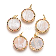 Brass Pendants, with Micro Pave Cubic Zirconia, Shell and Jump Rings, Flat Round with Virgin Mary, Colorful, Golden, 18x15x3mm, Hole: 3mm(X-KK-I656-44G-01)