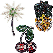 3Pcs 3 Style Tree & Pineapple & Cherry Rhinestone Beading Applqiues, Sew on Felt Patches, Costume Ornament Accessories, Mixed Color, 76~96x50~63x6.5~7mm, 1pc/style(PATC-GF0001-26)