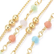 3.28 Feet Handmade Brass Curb Chains, with Faceted Glass Links, Brass Beads, Soldered, Long-Lasting Plated, Real 18K Gold Plated, Colorful, 1.7x1.3x0.4mm, Beads: 3.5x2.5~3mm and 3mm(X-CHC-I035-02G-02)
