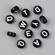 Opaque Acrylic Beads, with Enamel, Horizontal Hole, Flat Round with Initial Letter, White, Black, 9.5x4.5mm, Hole: 2mm, 1580pcs/500g(SACR-T338-11B)