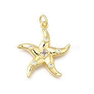 Brass Micro Pave Clear Cubic Zirconia Pendants, Starfish, Cadmium Free & Lead Free, Long-Lasting Plated, Rack Plating, with Jump Ring, Real 18K Gold Plated, 22.5x21x3mm, Hole: 3.5mm(KK-G525-11G)