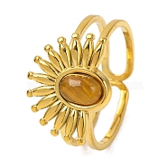 Oval Natural Tiger Eye Finger Rings, Half Flower Golden Tone 304 Stainless Steel Cuff Rings for Women, Half flower: 12.5x15.5mm, US Size 6(16.5mm)(RJEW-Q822-49G-02)