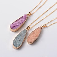 Natural Drusy Agate Teardrop Pendant Necklaces, with Brass Chains and Spring Ring Clasps, 18 inch(NJEW-JN01119)