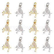 12Pcs 2 Colors Brass Micro Pave Clear Cubic Zirconia Charms, with Jump Rings, Bird with Branch Charm, Platinum & Golden, 15x10.5x1.6mm, Hole: 2.8mm, 6pcs/color(FIND-DC0003-27)