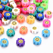 Handmade Polymer Clay Beads, for DIY Jewelry Crafts Supplies, Flower with Face, Mixed Color, 9~10x9~10x4~5mm, Hole: 1.6mm(CLAY-N008-011)