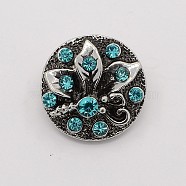 Antique Silver Zinc Alloy Rhinestone Buttons, Flat Round Carved Flower Jewelry Snap Buttons, Cadmium Free & Nickel Free & Lead Free, Aquamarine, 20x9mm, Knob: 5mm(SNAP-M003-23)