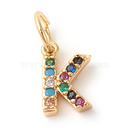Brass Micro Pave Colorful Cubic Zirconia Charms, Golden, Letter.K, 9x5.5x2mm, Hole: 3mm(ZIRC-F092-01-K)