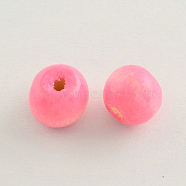 Dyed Natural Wood Beads, Round, Lead Free, Pink, 6x4~5mm, Hole: 2mm(X-WOOD-Q006-6mm-07-LF)