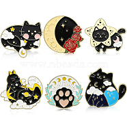 6Pcs 6 Style Cat with Moon & Star Enamel Pin, Animal Alloy Badge for Backpack Clothes, Golden, Mixed Color, 27.1~31x29.5~31.5x1.5mm, Pin: 1mm, 1Pc/style(JEWB-CA0001-18)