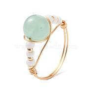 Natural Green Aventurine Wire Wrapped Finger Ring, Shell Pearl Braided Bead Ring for Girl Women, US Size 10 1/4(19.9mm)(RJEW-TA00022-03)