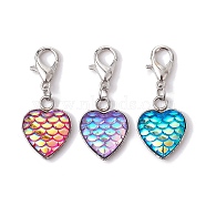304 Stainless Steel with Resin Pendants Decorations, with Alloy Lobster Claw Clasps, Heart with Fish Scale Shape, Mixed Color, 29mm(HJEW-JM01585)