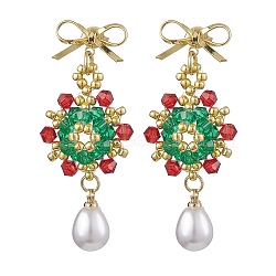 Brass Dangle Studs Earring, with Seed Glass and Plastic Pearl, For Christmas, Christmas Wreath, Mixed Color, 45x19mm(EJEW-MZ00194)