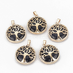Synthetic Blue Goldstone Pendants, with Brass Findings, Flat Round with Tree of Life, Golden, 30.5x27x8mm, Hole: 7x3mm(G-S292-10D-G)