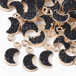 Druzy Resin Pendants, with Edge Light Gold Plated Iron Loops, Moon, Black, 14~15x8x4mm, Hole: 1.8mm(RESI-S383-007-A01)