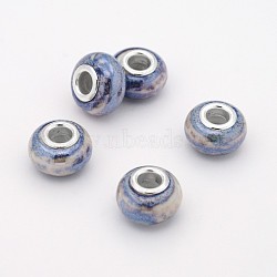 Rondelle Handmade Porcelain Large Hole European Beads, with Platinum Plated Brass Double Cores, Cornflower Blue, 15x10mm, Hole: 5mm(OPDL-M009-07)