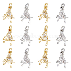 12Pcs 2 Colors Brass Micro Pave Clear Cubic Zirconia Charms, with Jump Rings, Bird with Branch Charm, Platinum & Golden, 15x10.5x1.6mm, Hole: 2.8mm, 6pcs/color(FIND-DC0003-27)