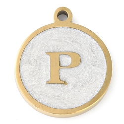 Ion Plating(IP) 201 Stainless Steel Pendants, with White Enamel, Real 18K Gold Plated, Flat Round with Letter, Letter P, 18.5x15.5x2mm, Hole: 1.6mm(STAS-K288-02G-P)