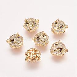 Brass Micro Pave Cubic Zirconia Leopard Beads, Golden, 11.5x11.5x7mm, Hole: 1mm(ZIRC-L007-41G)