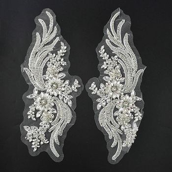 Phoenix Tail Pattern Glass Rhinestone & Mesh Base Fabrics Handwork Embroidery Cloth Sew on Appliques, Costume Cheongsam Accessories, Clear, 380x150x5mm