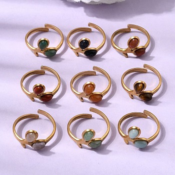 304 Stainless Steel Cuff Open Rings, Leaf, with Gemstone Beads, Ion Plating(IP), Golden, 14mm, Inner Diameter: 18mm