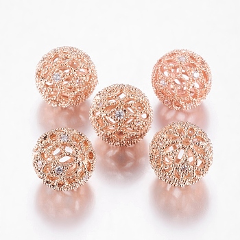 Brass Cubic Zirconia Beads, Round, Rose Gold, 12mm, Hole: 1mm