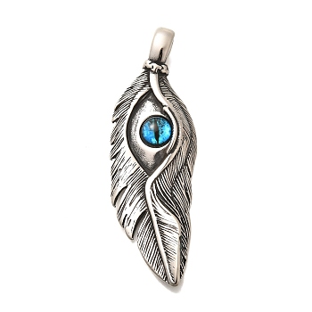 Eye Theme 304 Stainless Steel Pendants, with Glass, Feather, 74x24x7mm, Hole: 8x4mm