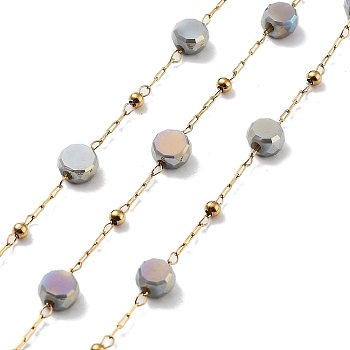 304 Stainless Steel Handmade Beaded Chain, with Electroplated Glass, with Spool, Soldered, Real 18K Gold Plated, Flat Round, Slate Gray, 5.5x5.5x3.5mm, about 16.40 Feet(5m)/Roll