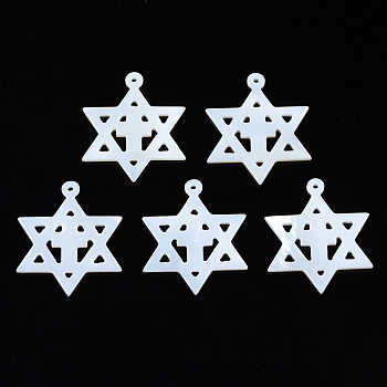 Natural Freshwater Shell Pendants, for Jewish, Star of David with Cross, 25x22x1.5mm, Hole: 1mm